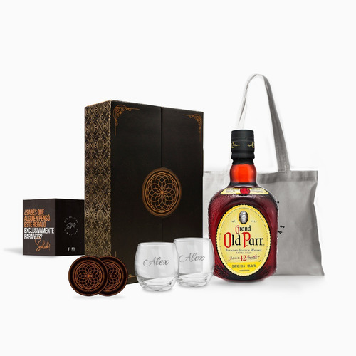 Box Whisky Old Parr 750ml Estuche Regalo Vasos Grabados