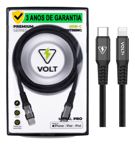 Cabo Volt Metal Pro Tipo C / Lightning 27w - Garantia 3 Anos