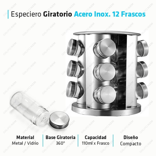 Imagen 2 de 9 de Especiero Condimentero Giratorio Set 12 Frascos Acero Cocina