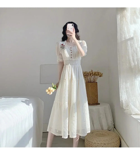 Vestido Midi De Encaje Floral Para Mujer Con Cuello Cuadrado