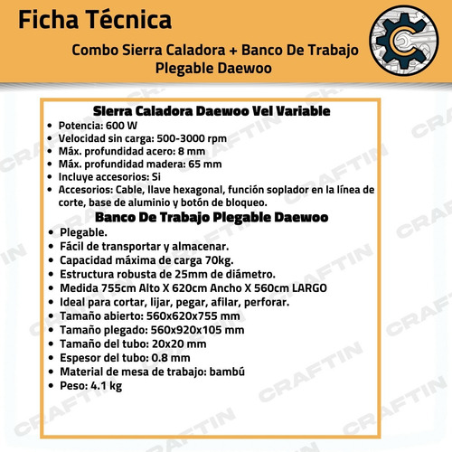 Combo Sierra Caladora + Banco De Trabajo Plegable Daewoo
