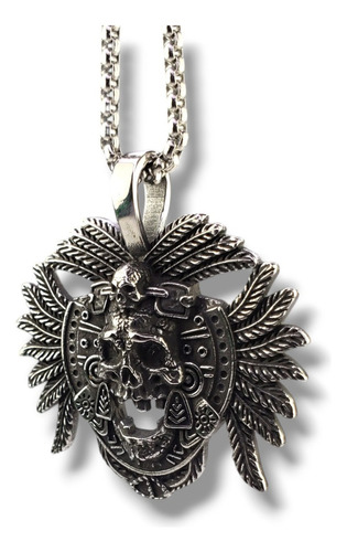 Dije Calavera Azteca Penacho Acero Inoxidable D833 Plateado