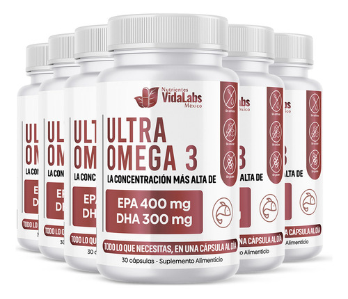 Pack 6 Frascos Ultra Omega 3 Nutrientes Vidalabs México 400 EPA Y 300 DHA
