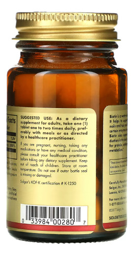 Solgar biotina 300 mcg 100 tabletas Suplemento
