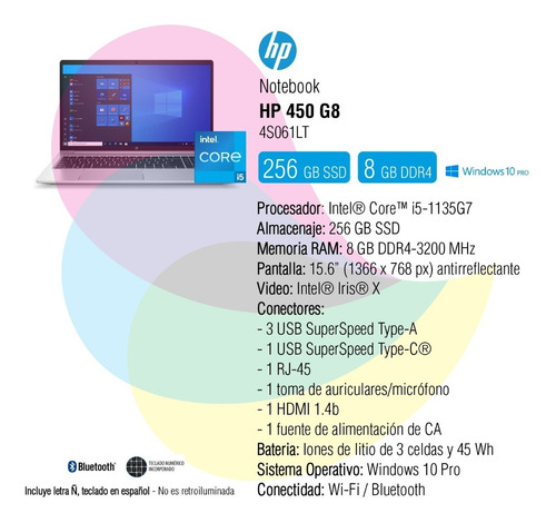Notebook Hp Probook 450 G8 15.6 I5-1135g7 8gb 256ssd W10p