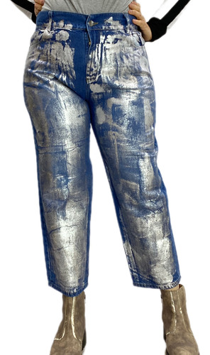 Pantalón Mom Foil Plateado Talle 50 Jean Rígido