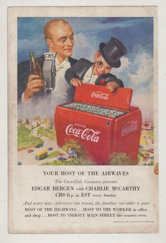 1950 Aviso Vintage Coca Cola Edgar Bergen & Charlie Mccarthy