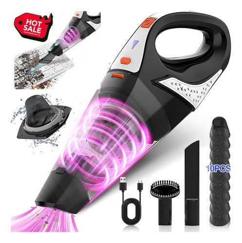 Aspiradora de mano inalámbrica para automóvil, 10 Filtros Lavables, Cepillo Turbo Antipelo, Bajo Ruido 70dB, Ultraligera 1.4lbs, con motor sin escobillas para automóviles, oficina, limpieza del hogar