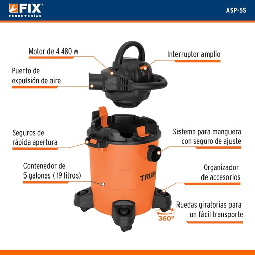 Aspiradora/Sopladora seco-mojado Truper ASP-5S 19L (5 galones) naranja y negra 127V 60Hz