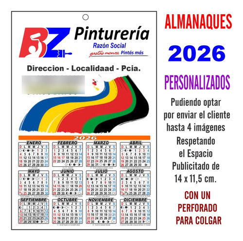 Almanaques 2026 Personalizados +1 Perforado Colgar 200 Udad Almanaques Personalizados Impresos Full Color