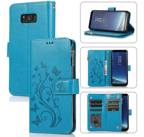 Funda Para Samsung Galaxy S8, Azul/billetera/cuero/correa