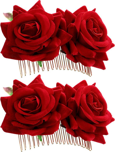 2 Pinzas Para El Pelo Con Diseño Rosas Para Mujer Color Rojo