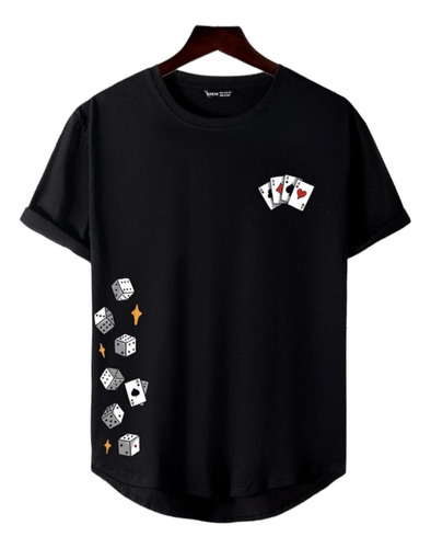 Camiseta Hombre Negra Fit Long Estampado Poker Playera 