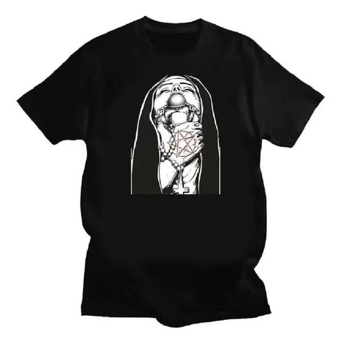 Camiseta Manga Corta Estampada Monja Satánica