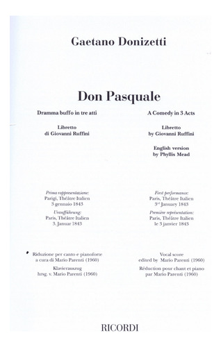 Don Pasquale: Ricordi Opera Completa Per Canto E Pianoforte.