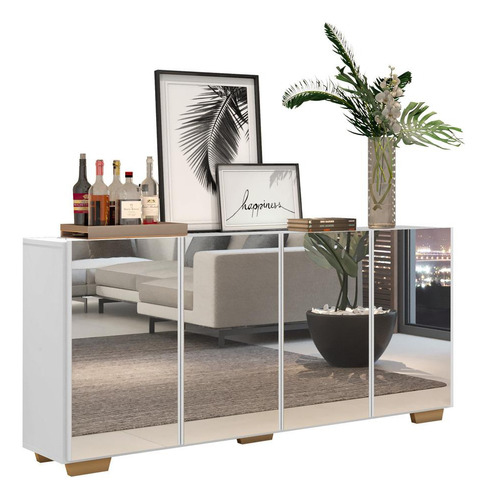 Aparador Buffet 4 Portas Com Espelho Vegas Multimóveis V3560 Cor Branco/natural