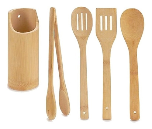 Set Utensilios Madera Bambu Cocina Cuchara Espátula X4