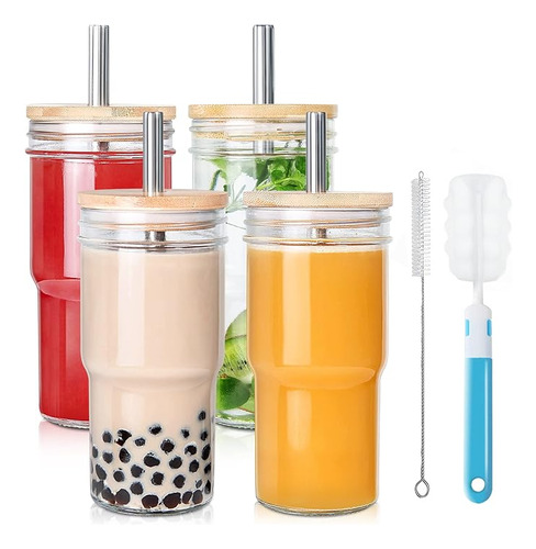 4 Pack Glass Cups With Bamboo Lids And Straws 22 Oz Iced Cof