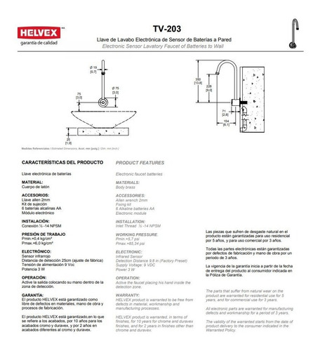 Llave De Lavabo Electrónica De Sensor Helvex Modelo Tv-203