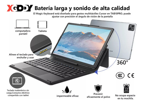 Tablet Xgody Tab10pro Android 12 10.1" Color Gris Oscuro 16Gb de Ram 256Gb de Rom 4G Dual Sim 2tb Tf Expansión Octa-core 2.0GHz 8000Mah Certificación Google GMS con Funda Magic Teclado Xgody