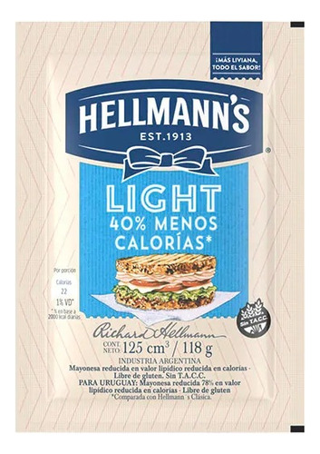 Mayonesa Hellmanns Light Sachet 118grs Pack 20 Unidades 