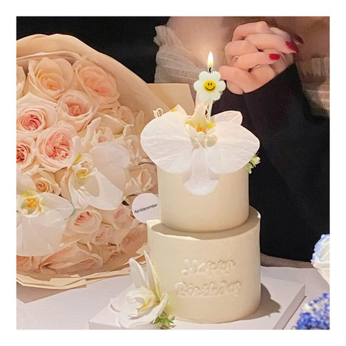 5 Pcs Flor Blanca Con Velas De Cumpleaños Sonrientes, Velas