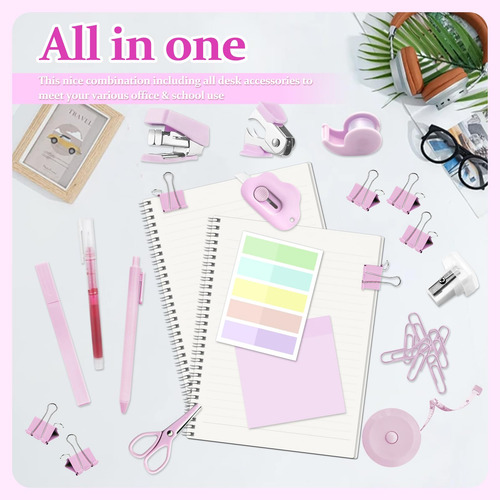 Mini Kit De Suministros Escolares Rosa Con Grapadora Y Cinta