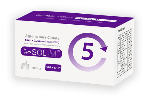 Imagem 1 de 9 de Agulha Para Caneta De Insulina 5mm 31g C/100un Sol-millenniu