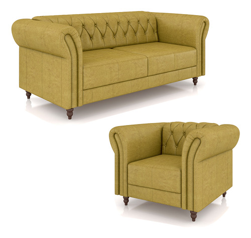 Conjunto 1 Sofá 180cm 1 Poltrona Chesterfield Couro Bege