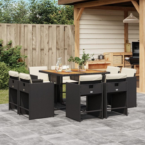 Vidaxl 9-piece Black Poly Rattan Patio Dining Set Cushioned