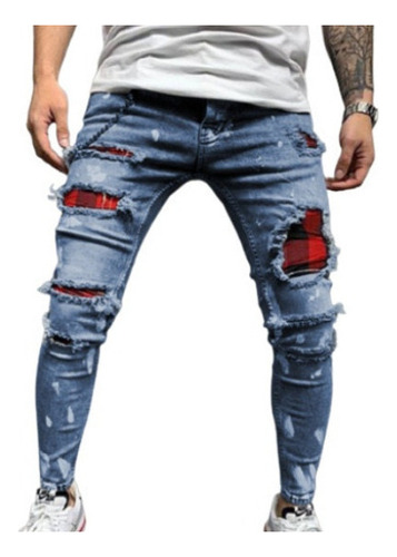 Jeans Ajustados Rasgados Para Hombres Moda Callejera Retro