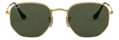 Óculos de sol Ray-Ban Round Hexagonal Flat Lenses Extra large armação de aço cor gold, lente green de cristal clássica, haste gold de aço - RB3548N