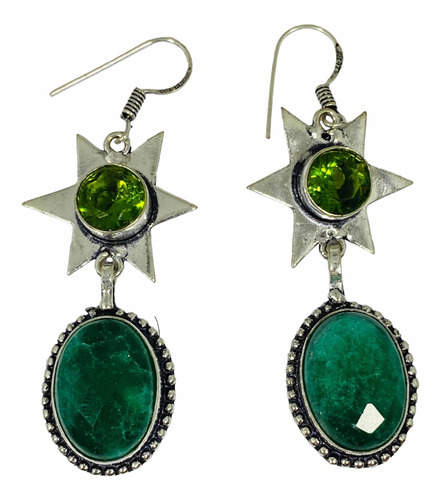 Aros Estrella Plata India Esmeralda Y Peridoto 100% Natural