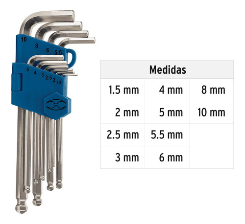 Juego Llaves Allen Punta Larga Bola 1.5 A 10 Mm Profesional