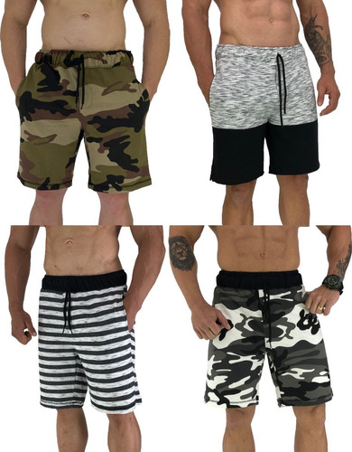 Kit 4 Bermudas Masculinas Moletom Estampadas Passeio Lazer