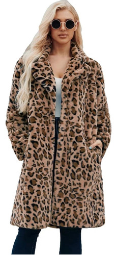 Abrigo Piel Sintética Estampado Leopardo Abrigo Casual Mujer