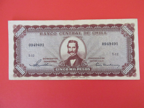 Billete Chile 5.000 Pesos Firmado Maschke Mackenna 1959
