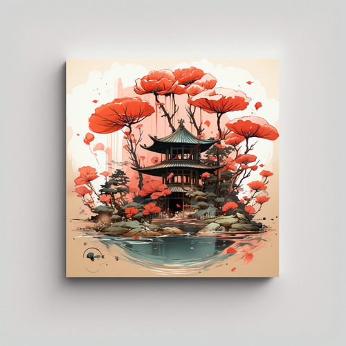 50x50cm Pintura Minimalista Ginkgo Biloba Bonsai Rojo Y Nara