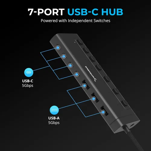 Sabrent Hub Usb C 7 Puertos 48w Con Interruptores