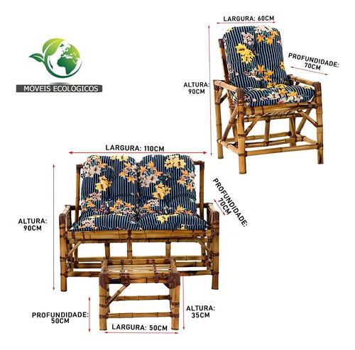 Conjunto Bambu Kit 2 Cadeiras Namoradeira Mesa Para Varanda - Lv Moveis