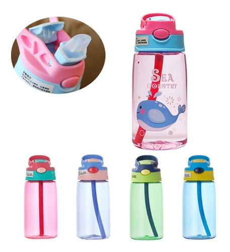 Botella de agua para niños con caño retráctil sin BPA, color rosa