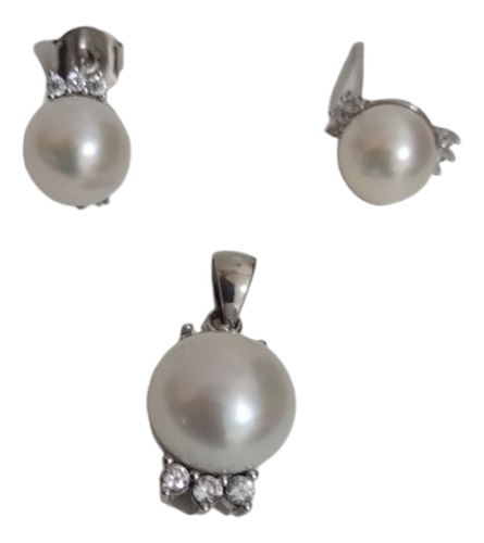 Juego De Dije Y Aretes En Plata Con Perlas 