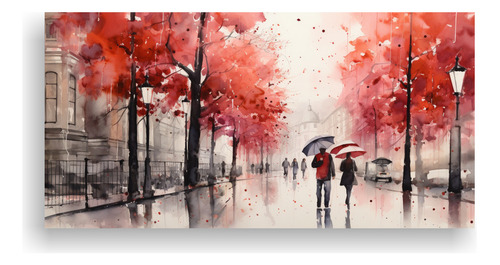 100x50cm Cuadro Paseo Bajo La Lluvia Con Paraguas Rojo Y Ár