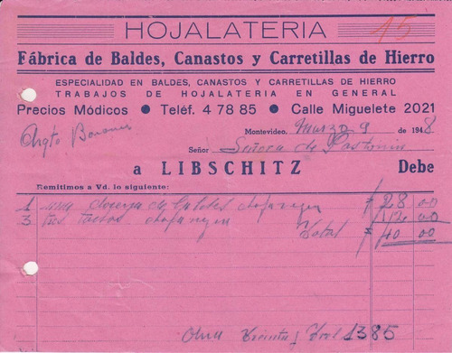 1948 Factura Hojalateria De Libschitz Comercio Montevideo