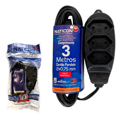 Extensao Naticon Paralela 2 Polos 0,75mm Preta - 3m