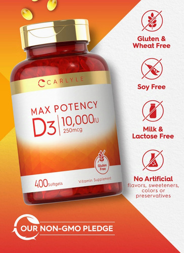 Vitamina D3 De 10,000 Mcg. 250 Mcg 400 Sofgels Carlyle