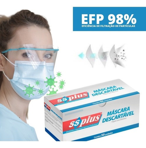 50 Máscaras Descartável Branca Tripla Com Clips Nasal Cor Branco