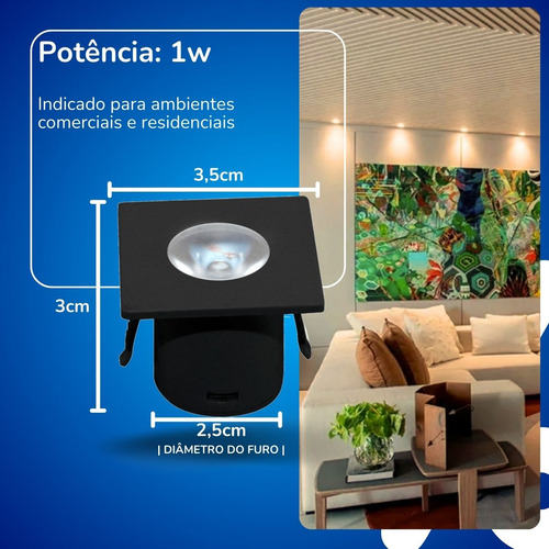 Mini Spot Led Quadrada 1w 3000k Preto Moveis 127/220V Kian