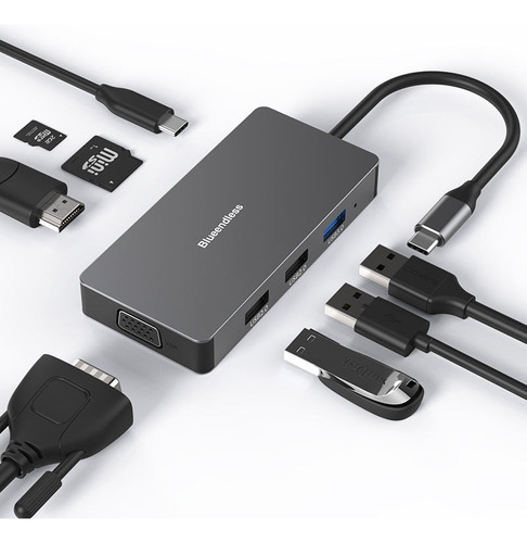 Hub 8 En 1 Usb3.1 Tipo C Adaptador 100w Hdmi 4k 60hz Vga