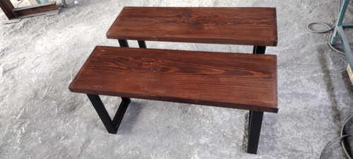 Banca Tipo Industrial 140 Cm De Largo Metal / Laqueado Negro Madera Barniz Al Natural